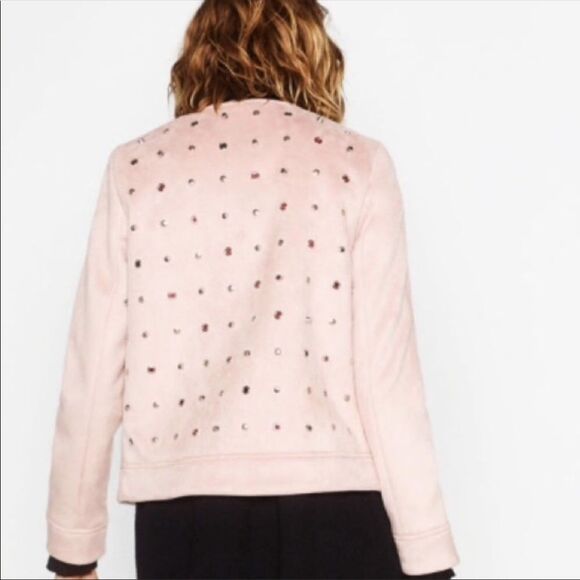 Zara Pastel Pink Faux Suede Studded Jacket Size S Collarless - Picture 2 of 14